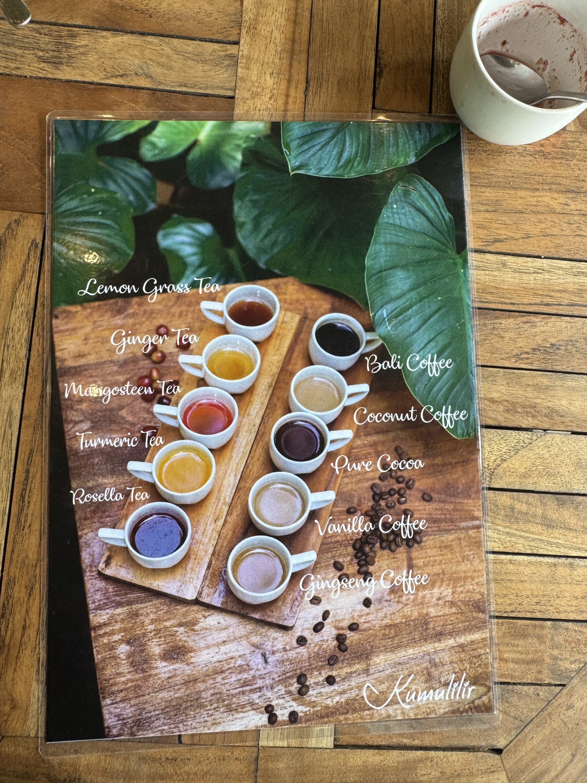 Tea Tasting menu with pictures of different teas in Bali