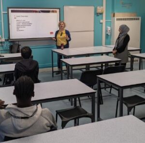 Paula from Bouygues UK giving talk to Construction students.