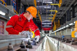 Electric train technician engineer checking controls system for security functions