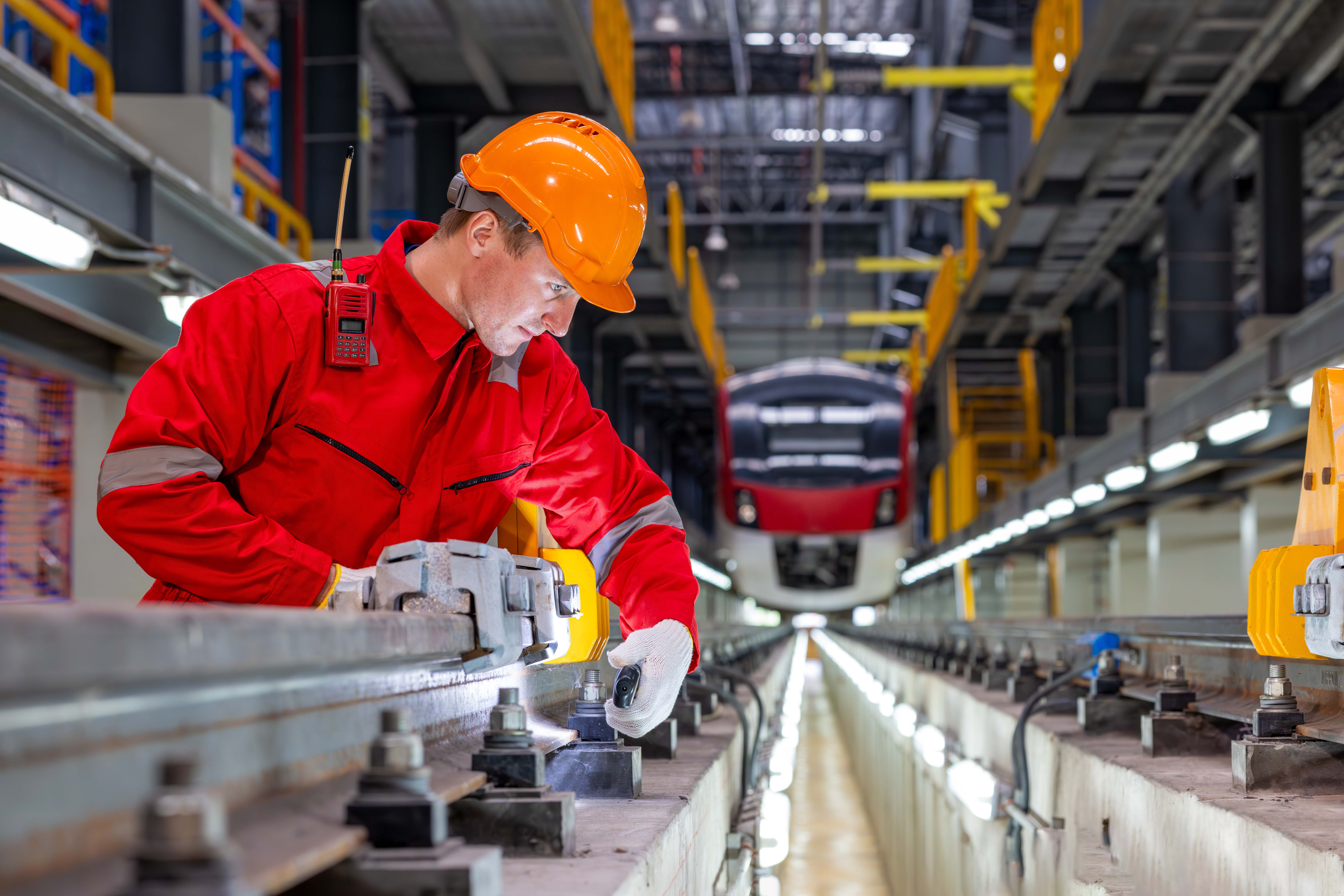 Electric train technician engineer checking controls system for security functions