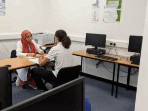 Student in an interview with a teacher.