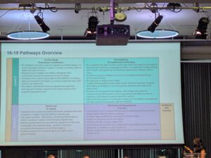 Stanmore College - Educational pathways presentation on large screen at T Level National Conference 2026