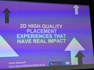 Stanmore College - Screen display about High quality placements at National T Level Conference, June 2026.